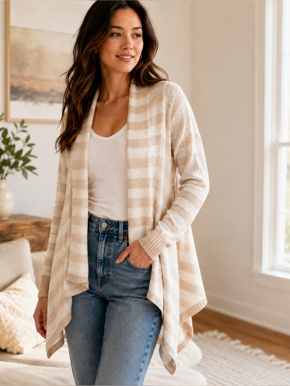 Mossimo Supply Co Cream Striped Waterfall High Low Cardigan Sweater M - Picture 1 of 9